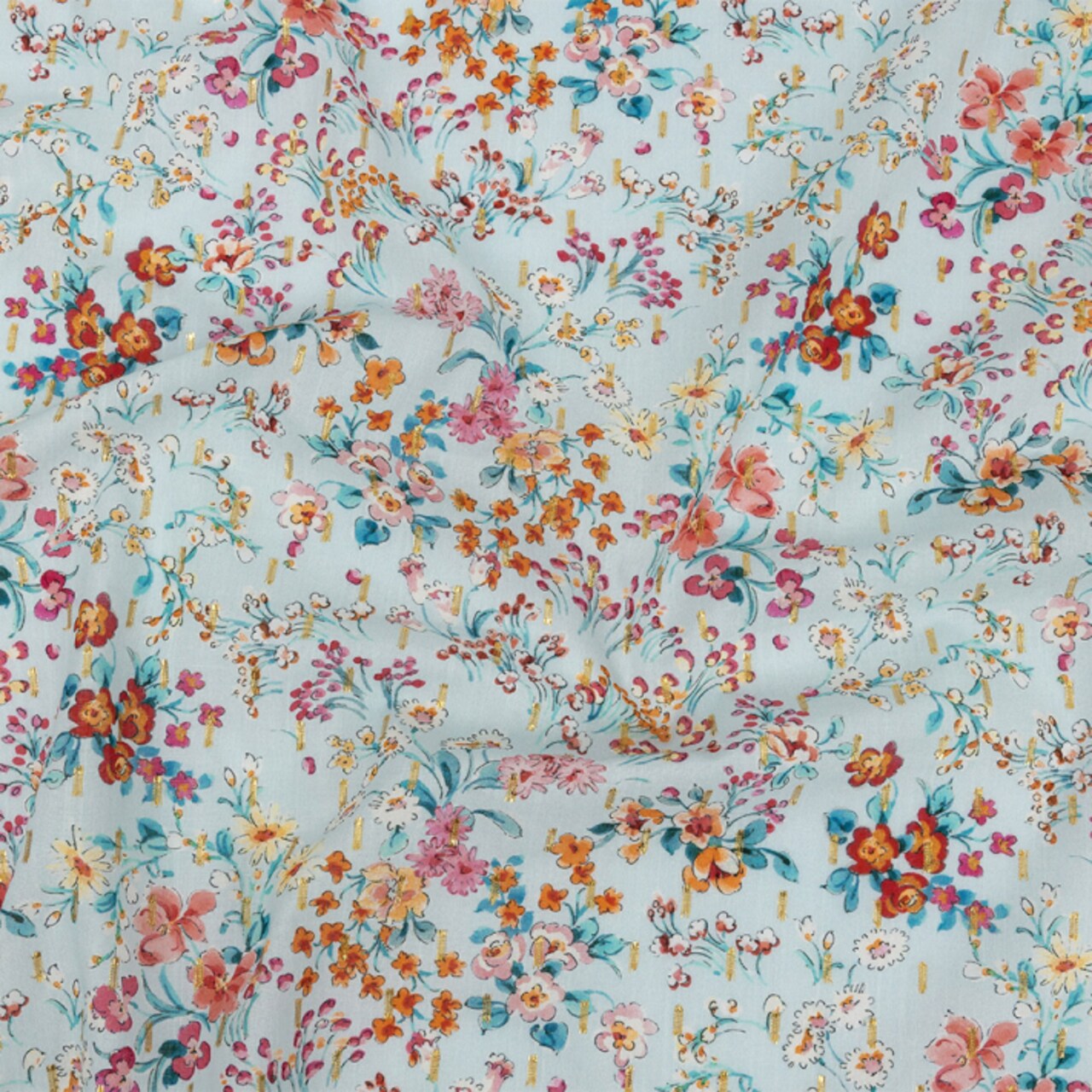 1 Yard Cotton Voile Print with Metallic Dots Baby Blue Floral Fabric